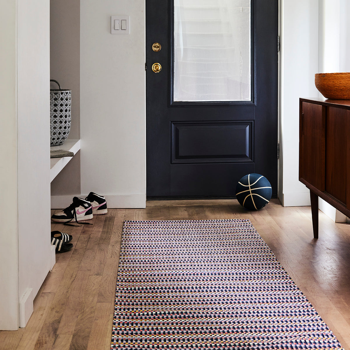Chilewich woven floor mat in neutral woven terrastrand yarn, durable and stylish for modern living spaces.