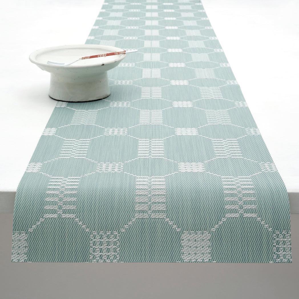 14'' x 72'' Table Runners in Muted Light Blue Green Base with White Accents