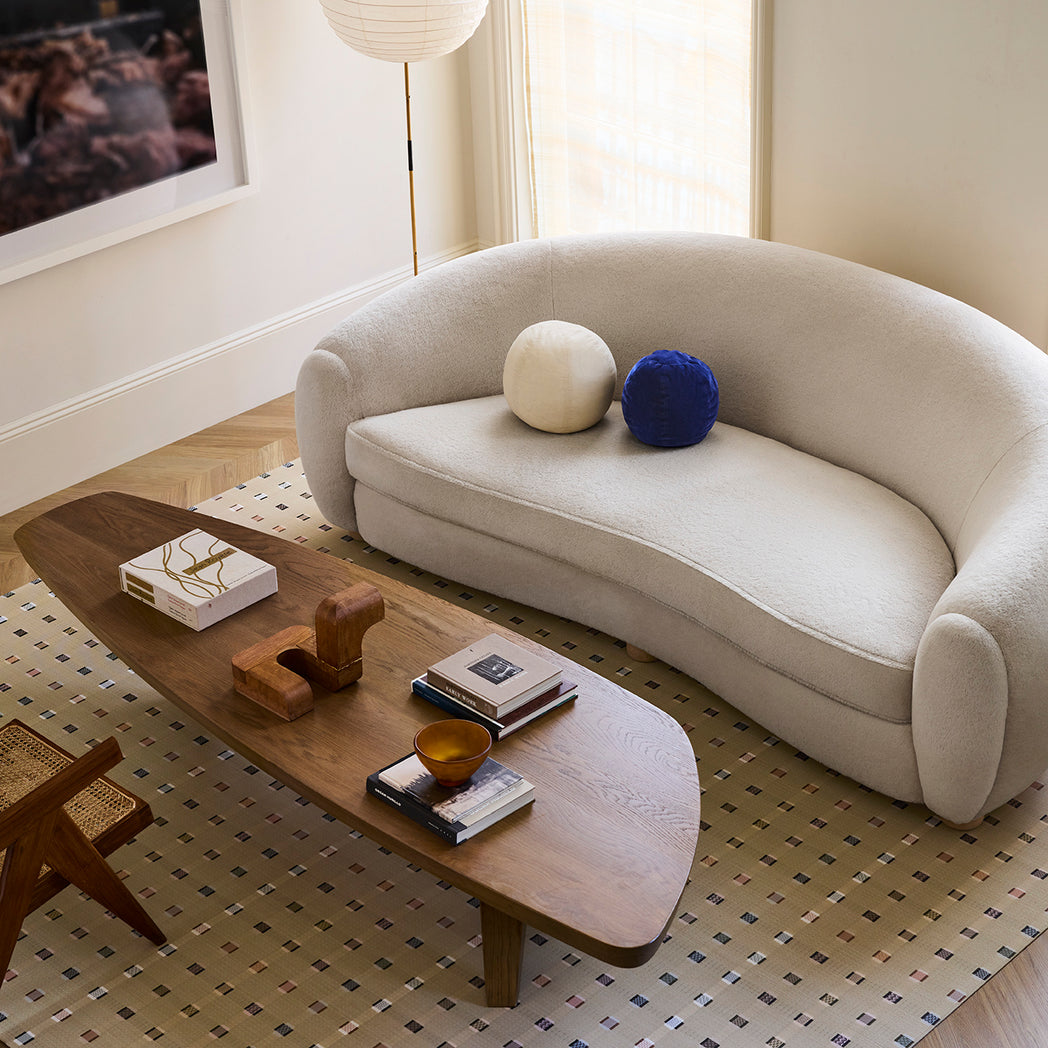 Chilewich woven floor mat in neutral woven terrastrand yarn, durable and stylish for modern living spaces.