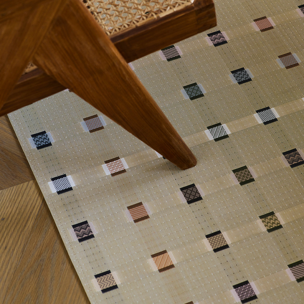Chilewich woven floor mat in neutral woven terrastrand yarn, durable and stylish for modern living spaces.