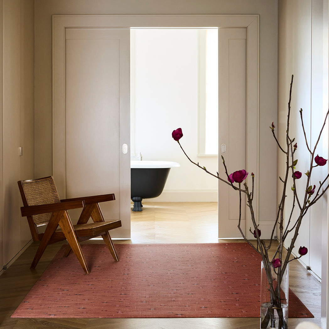 Chilewich woven floor mat in neutral woven terrastrand yarn, durable and stylish for modern living spaces.