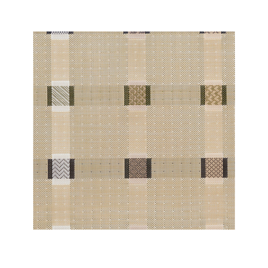 Wheat Woven Floor Mat in Midtone Warm Beige Base with Black, Dark Green, Light Pink, Golden Brown and White