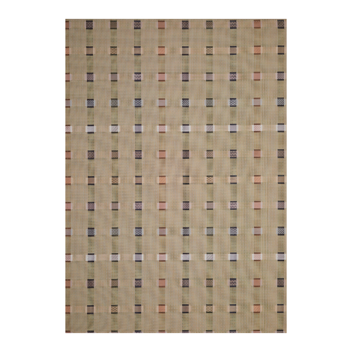 Wheat Woven Floor Mat in Midtone Warm Beige Base with Black, Dark Green, Light Pink, Golden Brown and White