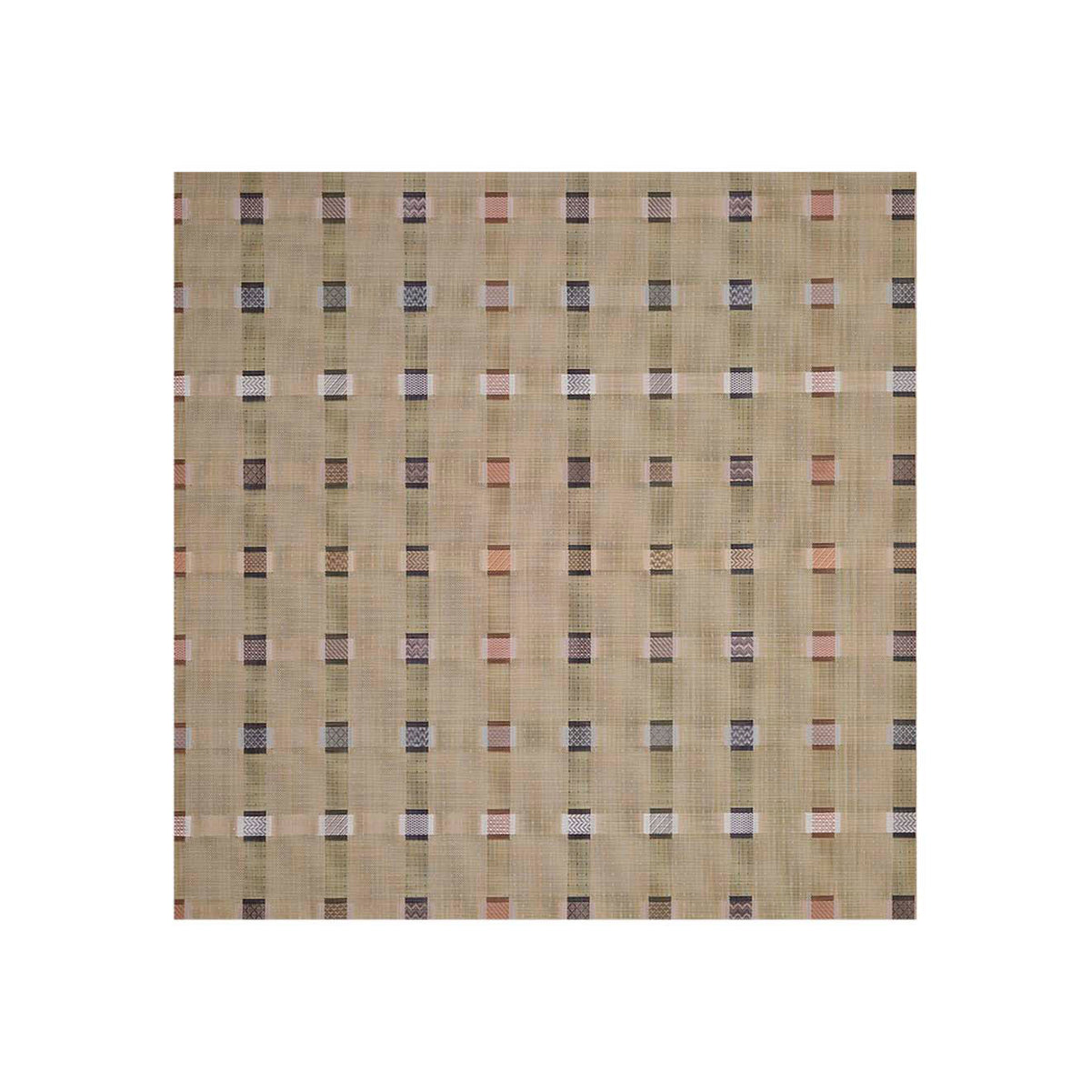 Square Woven Floor Mat in Midtone Warm Beige Base with Black, Dark Green, Light Pink, Golden Brown and White