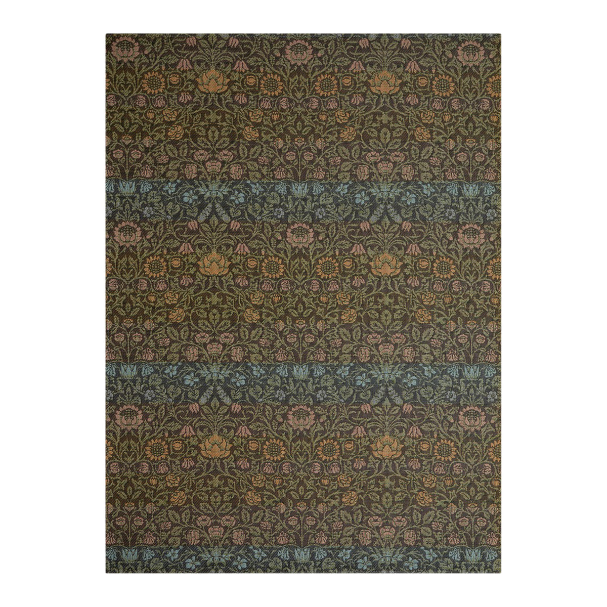 Rectangle Woven Floor Mat in Dark Green , Almost Black Base with Warm Green, Warm Pink, Muted Light Blue and Muted Oragne Accents